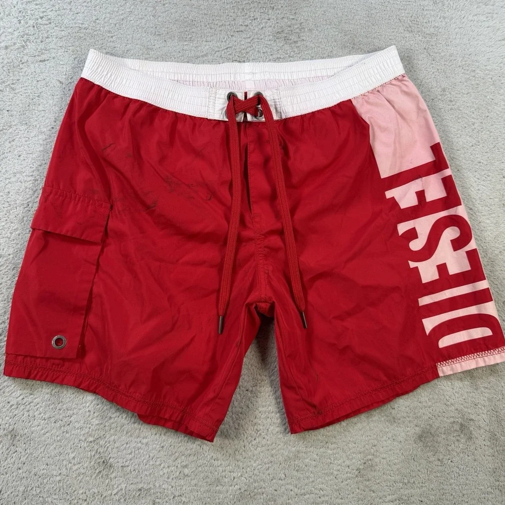 Diesel Beachwear Mens Red Elastic Waist Pockets Swim Shorts Size Large